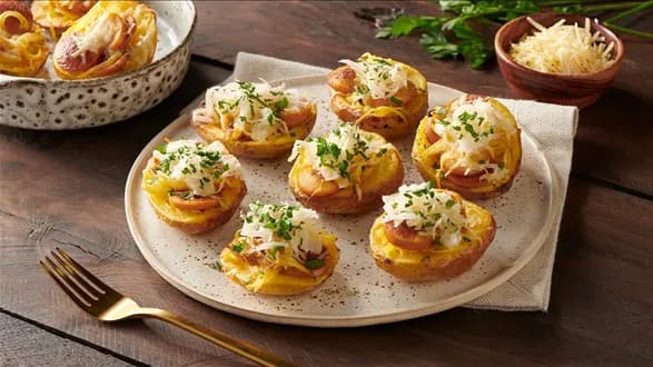 Ziemniaczki zapiekane kiełbasą w sosie curry