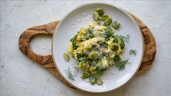 Risotto z bobem i wędzonym kurczakiem